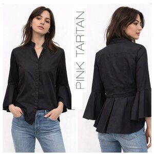 Pink Tartan Black Button Down Shirt Peplum Back Bell Sleeve Cotton Size 8